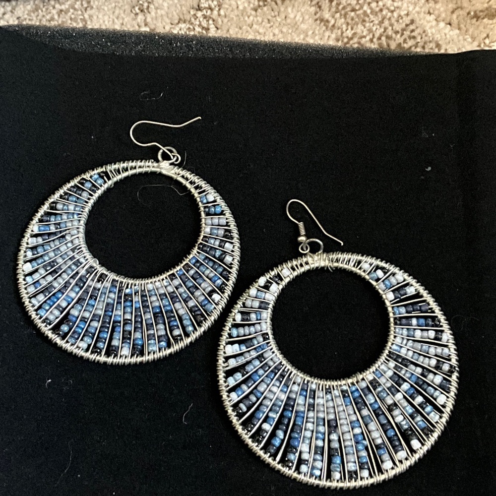 Silver Hoop Earrings with Blue Beads - Women's Fashion Jewelry
